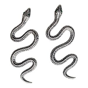 Silver Serpent Snake Green Rhinestone Crystal Eyes Earrings Boho Glam Bold Gothi